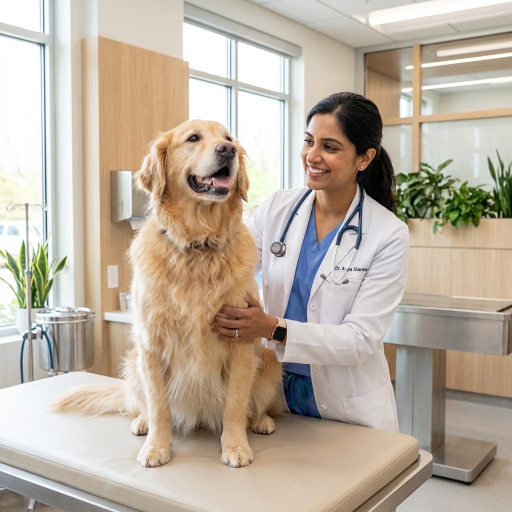 Veterinarian examining a happy dog